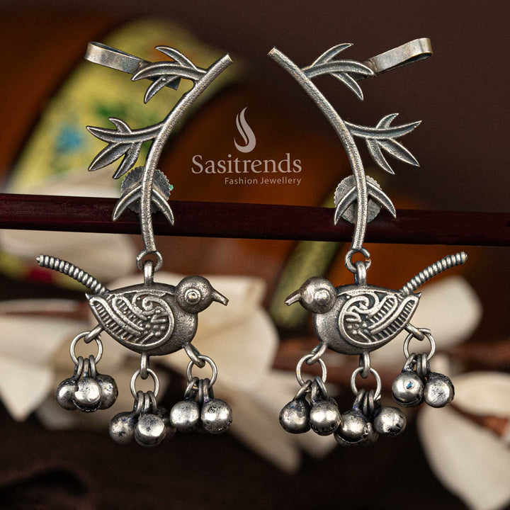 Bird-themed oxidised silver earrings with branch design - Sasitrends 