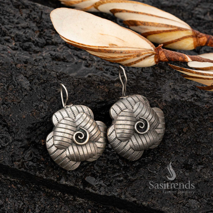 Beautifully Crafted Silver Replica Oxidised Spiral Rose Motif Earrings - Sasitrends