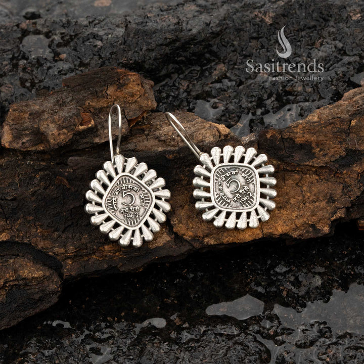 Lightweight oxidised coin earrings with traditional motifs - Sasitrends