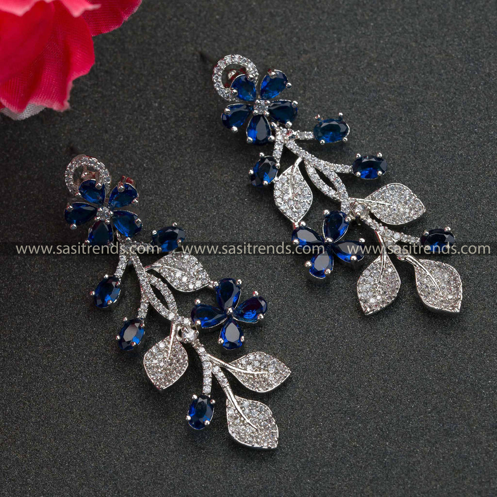 Attractive Rhodium Silver Floral Pattern Blue AD Stone Earrings