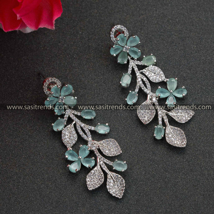 Office Wear Rhodium Silver Floral Pattern Mint AD Stone Earrings