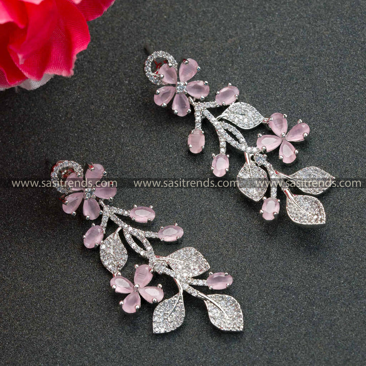 Rhodium Silver Floral Pattern Pink AD Stone Earrings