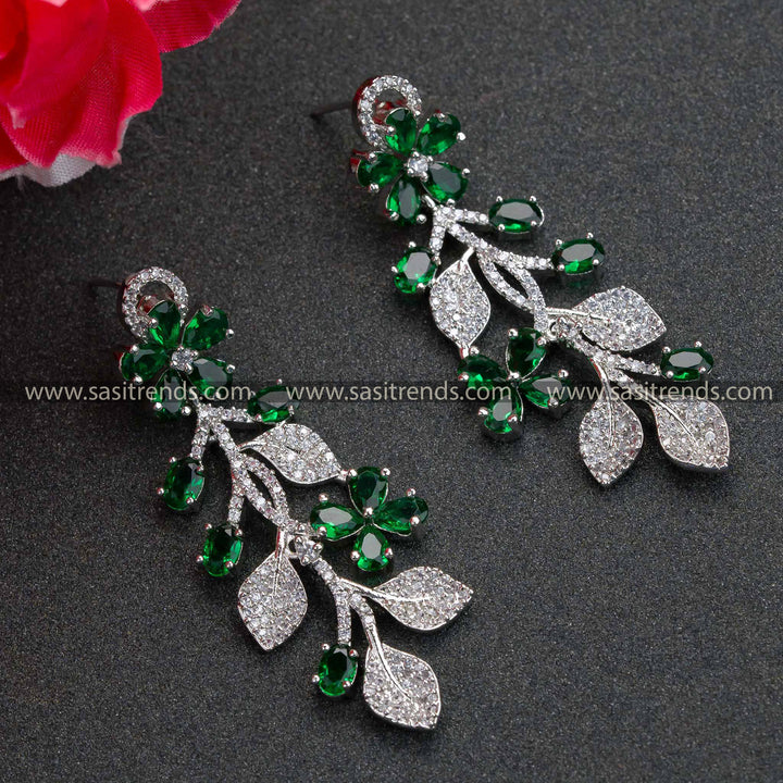 Trendy Rhodium Silver Floral Pattern Green AD Stone Earrings