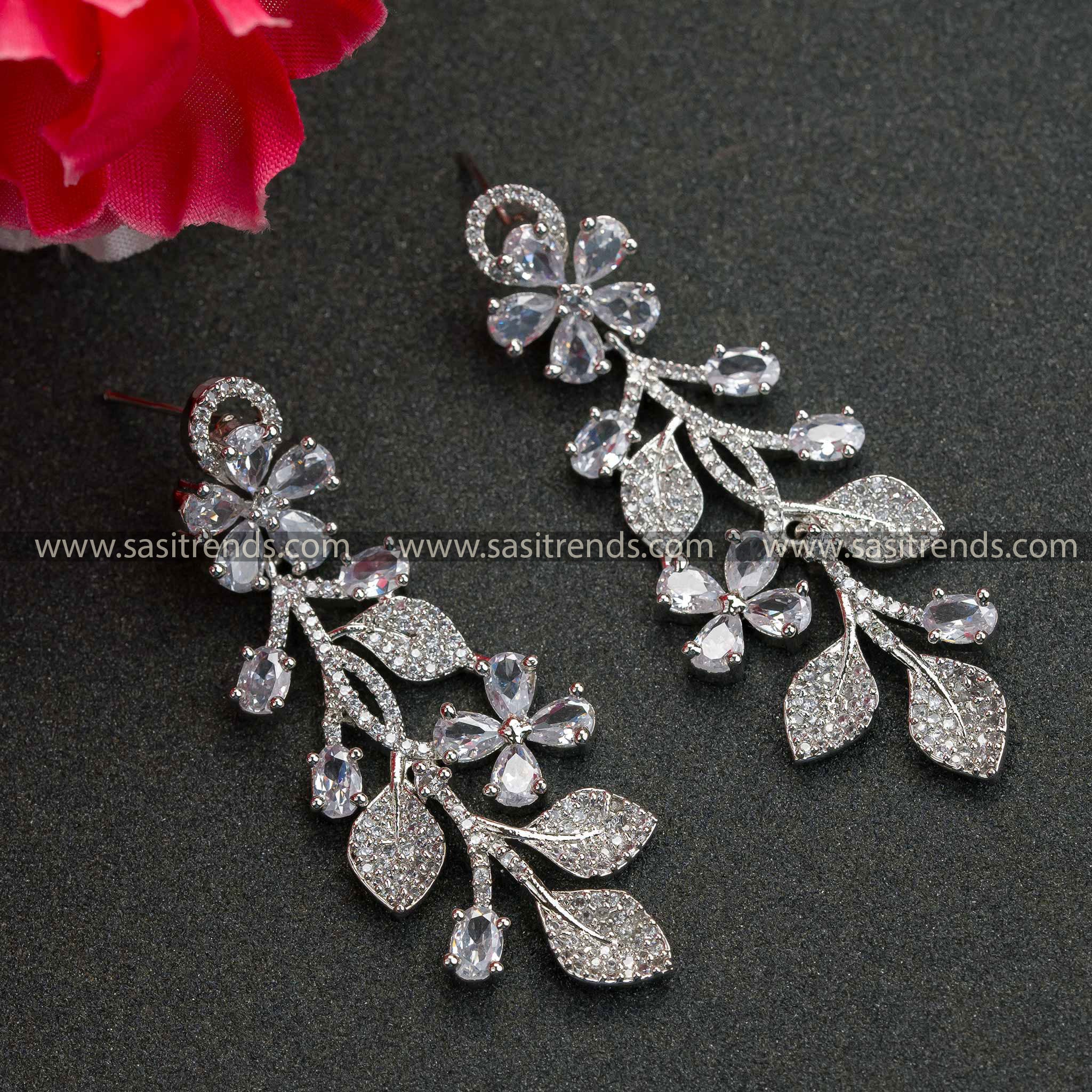 White Rhodium Silver Floral Pattern AD Stone Earrings