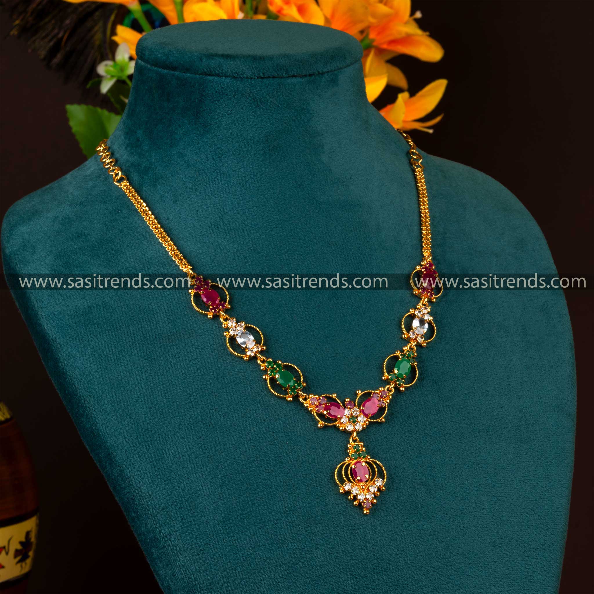 One Gram Gold Plated Traditional Wear Multi Ad Stone Jewellery Set