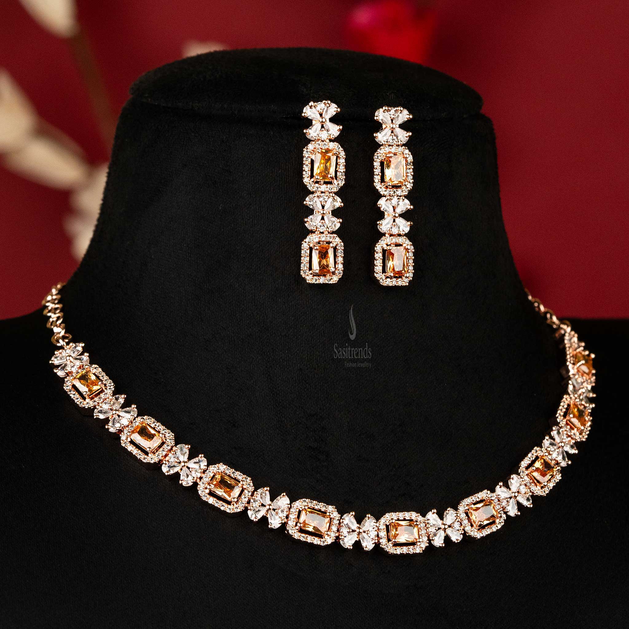 Elegant Party Wear Rose Gold Plated American Diamond Jewellery Set - Sasitrends - Sasitrends