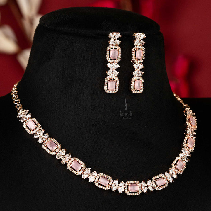 Elegant Party Wear Rose Gold Plated American Diamond Jewellery Set - Sasitrends - Sasitrends