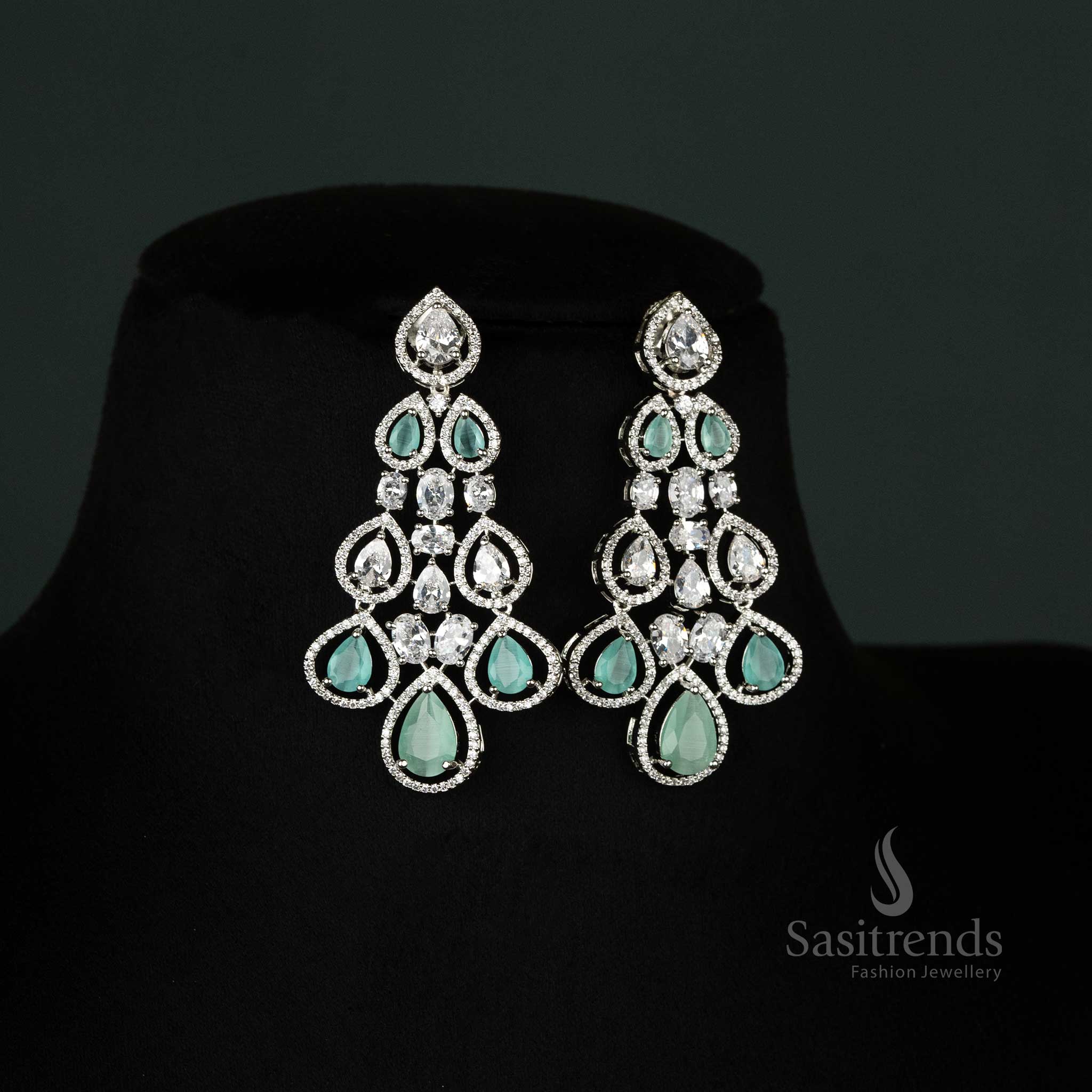 Mesmerizing mint American diamond rhodium-plated bridal jewellery set with dazzling stones and intricate design for modern wedding elegance - Sasitrends