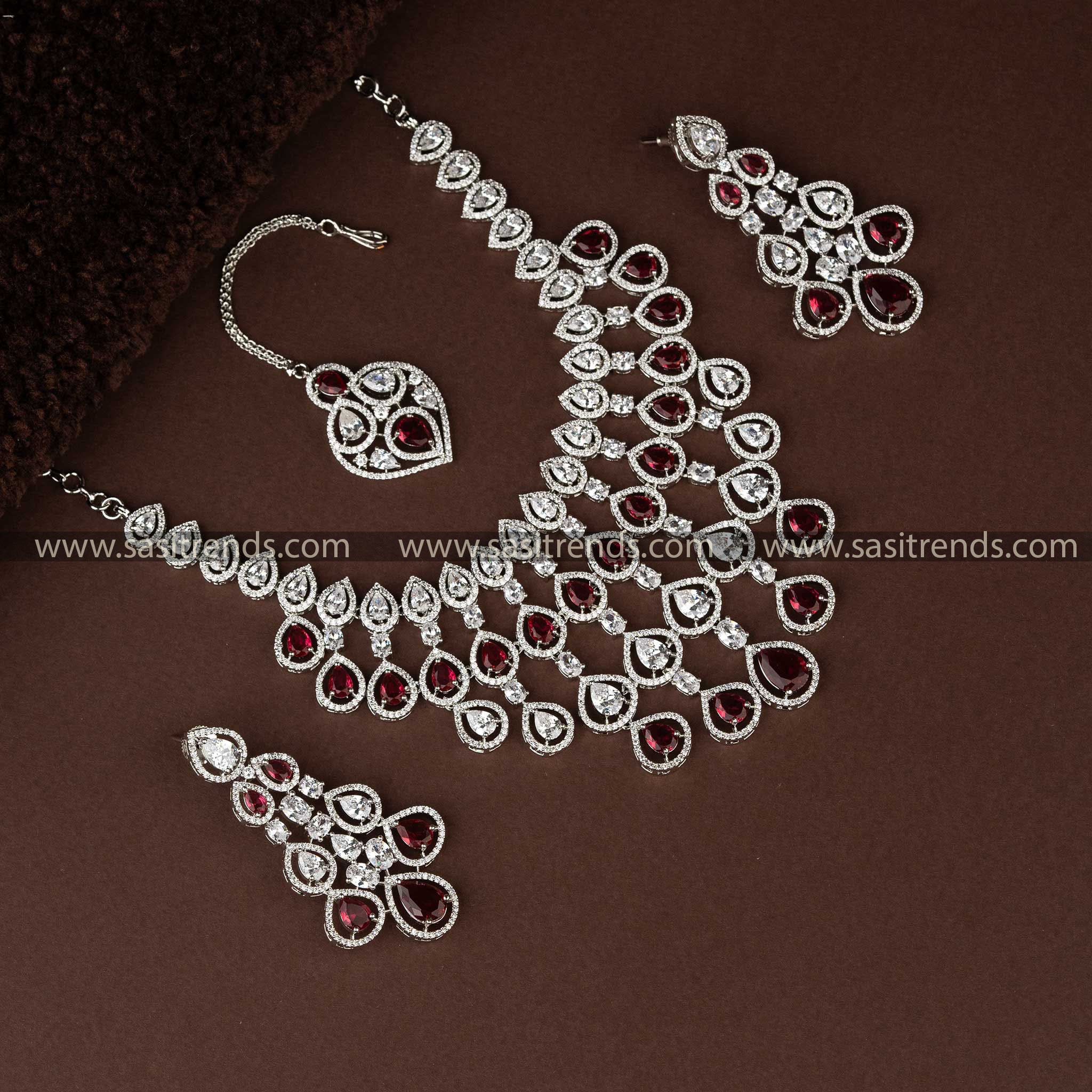 Red American Diamond Rhodium-Plated Bridal Jewellery Set with Tikka