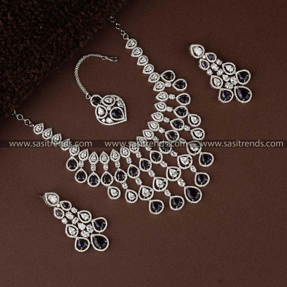 Blue American Diamond Rhodium-Plated Bridal Jewellery Set with Tikka