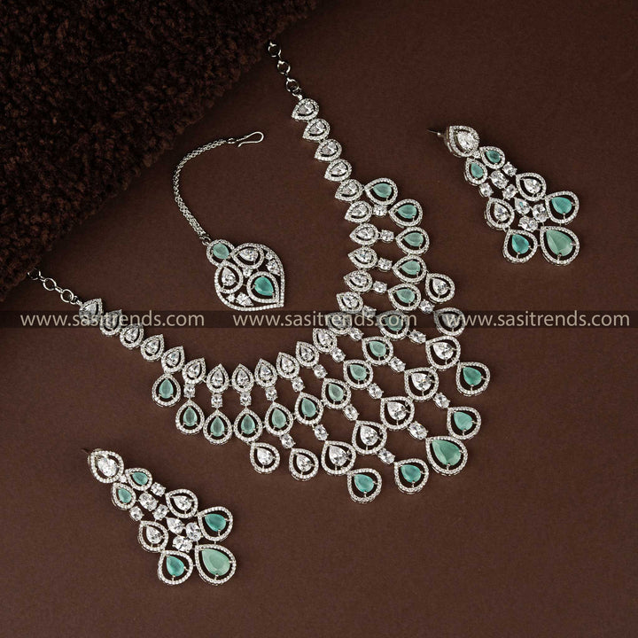 Mint Green American Diamond Rhodium-Plated Bridal Jewellery Set with Tikka