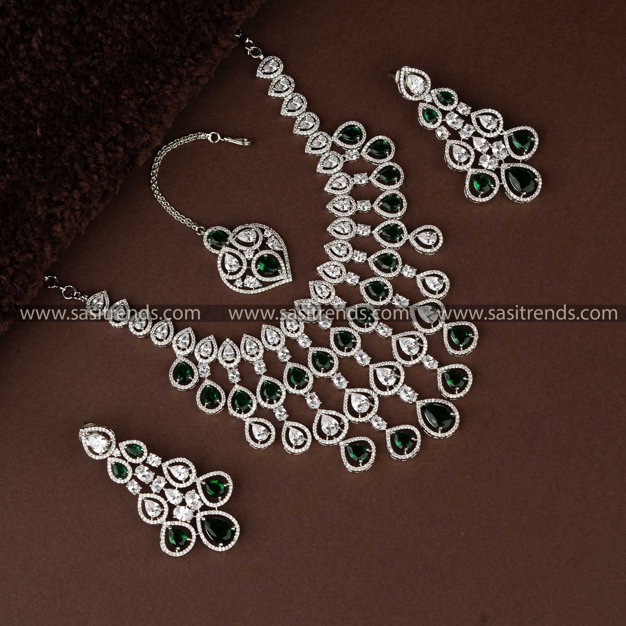 Green American Diamond Rhodium-Plated Bridal Jewellery Set with Tikka