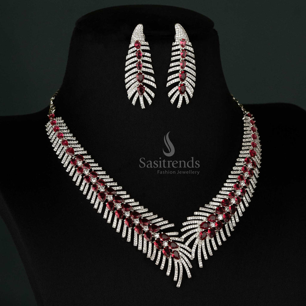 Elegant red rhodium-plated jewellery ensemble featuring sparkling American diamonds, designed for special ceremonies and timeless elegance - Sasitrends