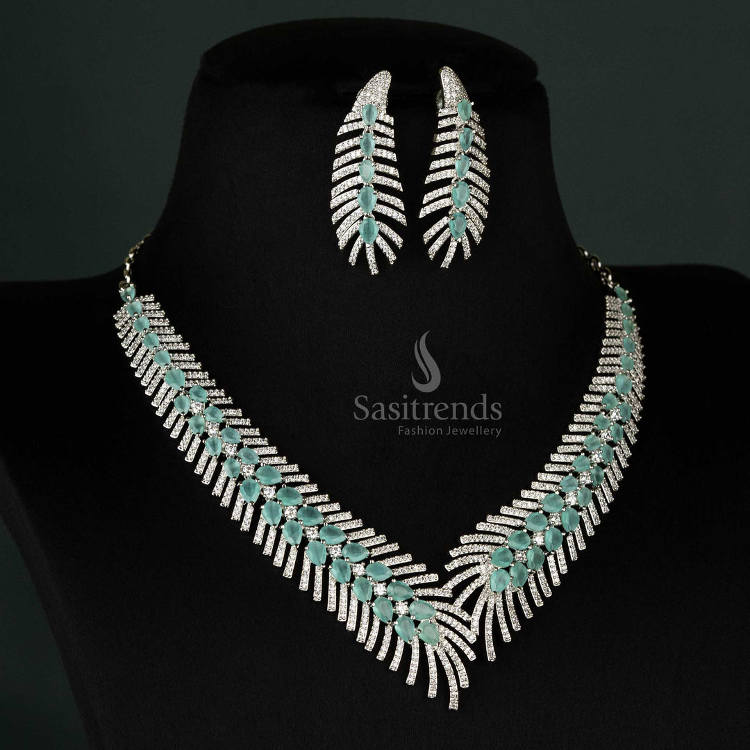 Radiant mint jewellery set in rhodium silver finish featuring dazzling American diamonds, designed for luxurious events - Sasitrends