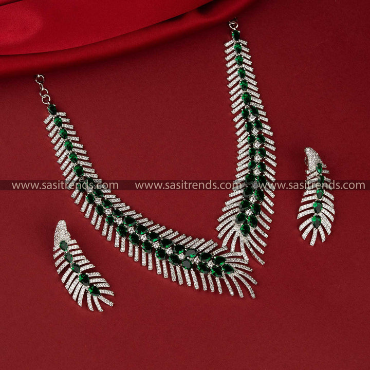 American Diamond Rhodium Silver Plated Jewellery Set with Green Gems