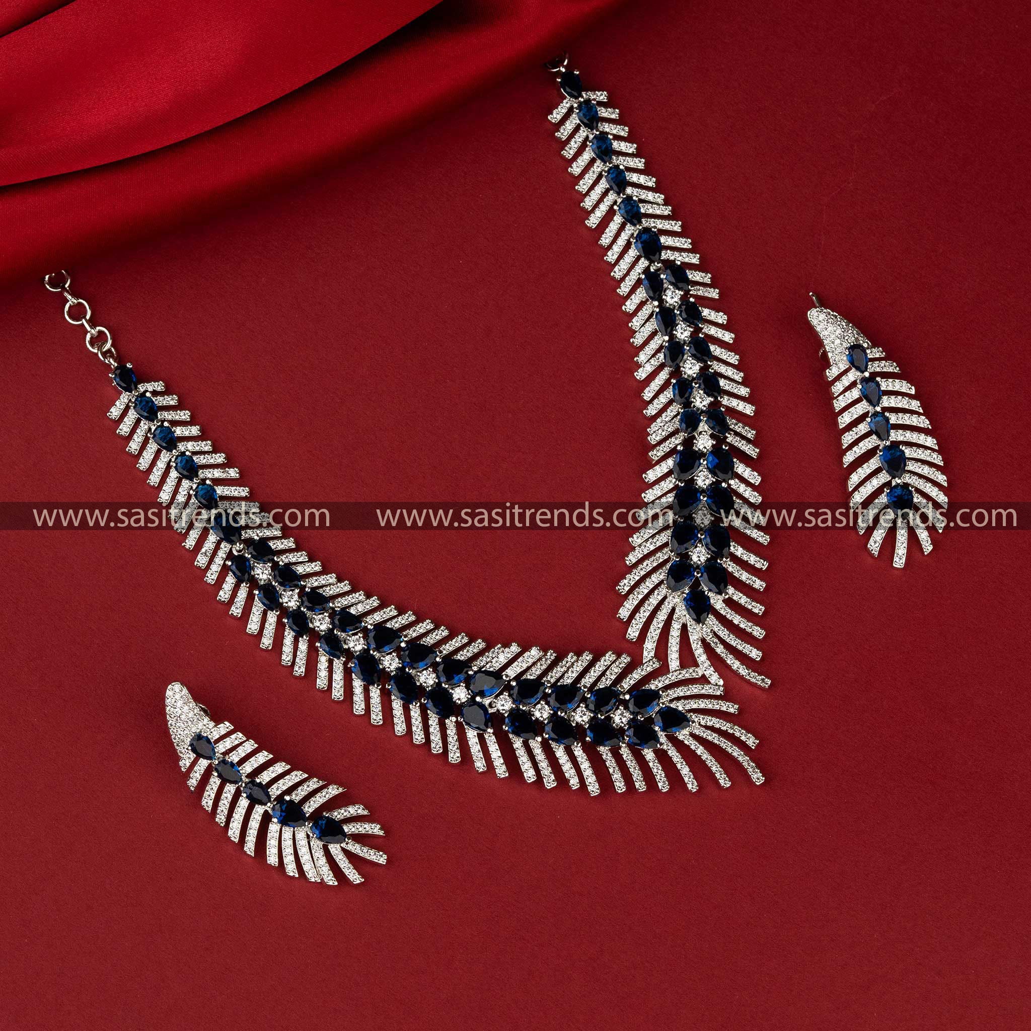 American Diamond Necklace and Earrings Set in Blue for Special Occasions