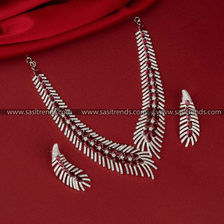 Rhodium Silver American Diamond Jewellery Set with Red Teardrop Stones