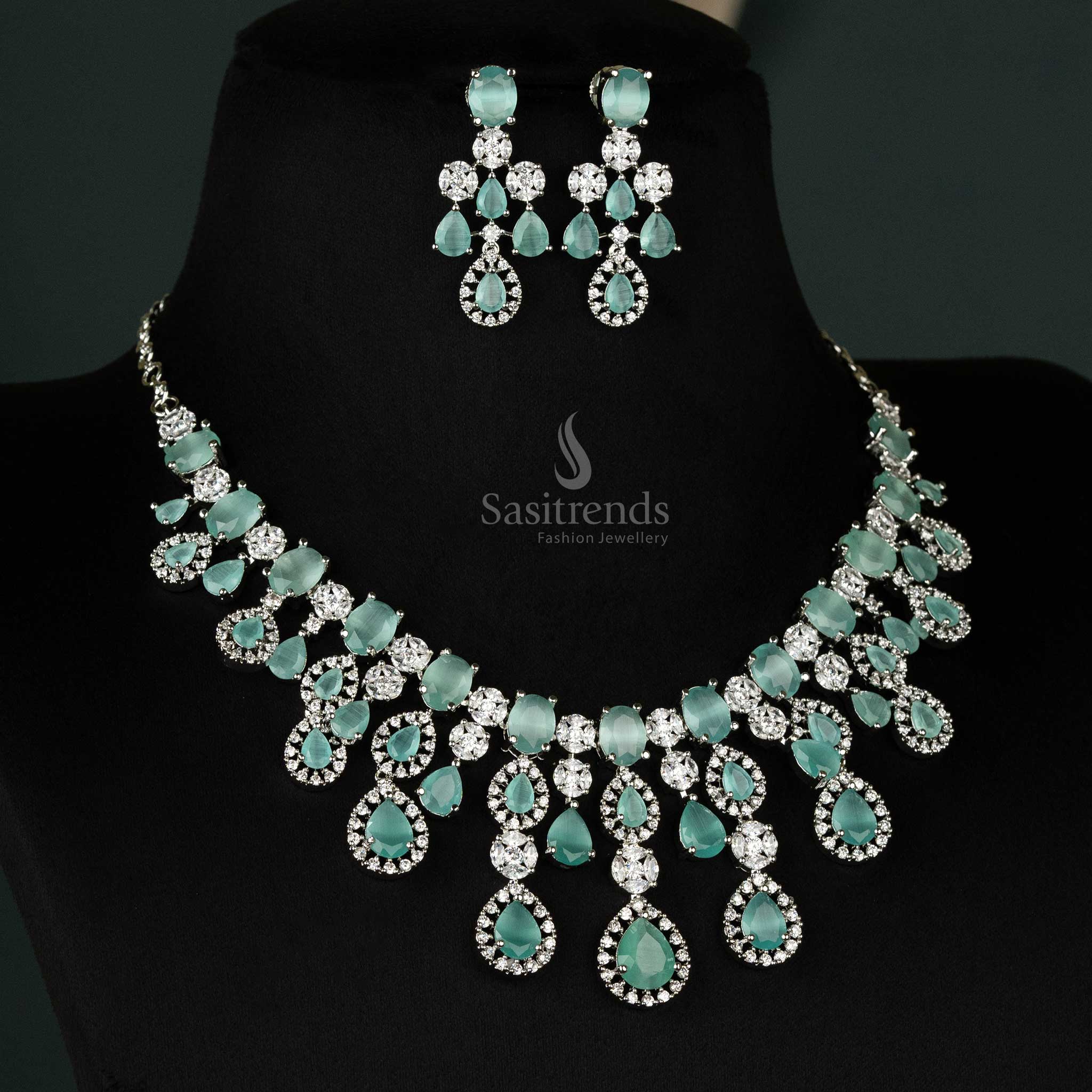 Graceful mint-colored choker necklace set with American diamonds and matching earrings, finished with rhodium plating for bridal occasions - Sasitrends