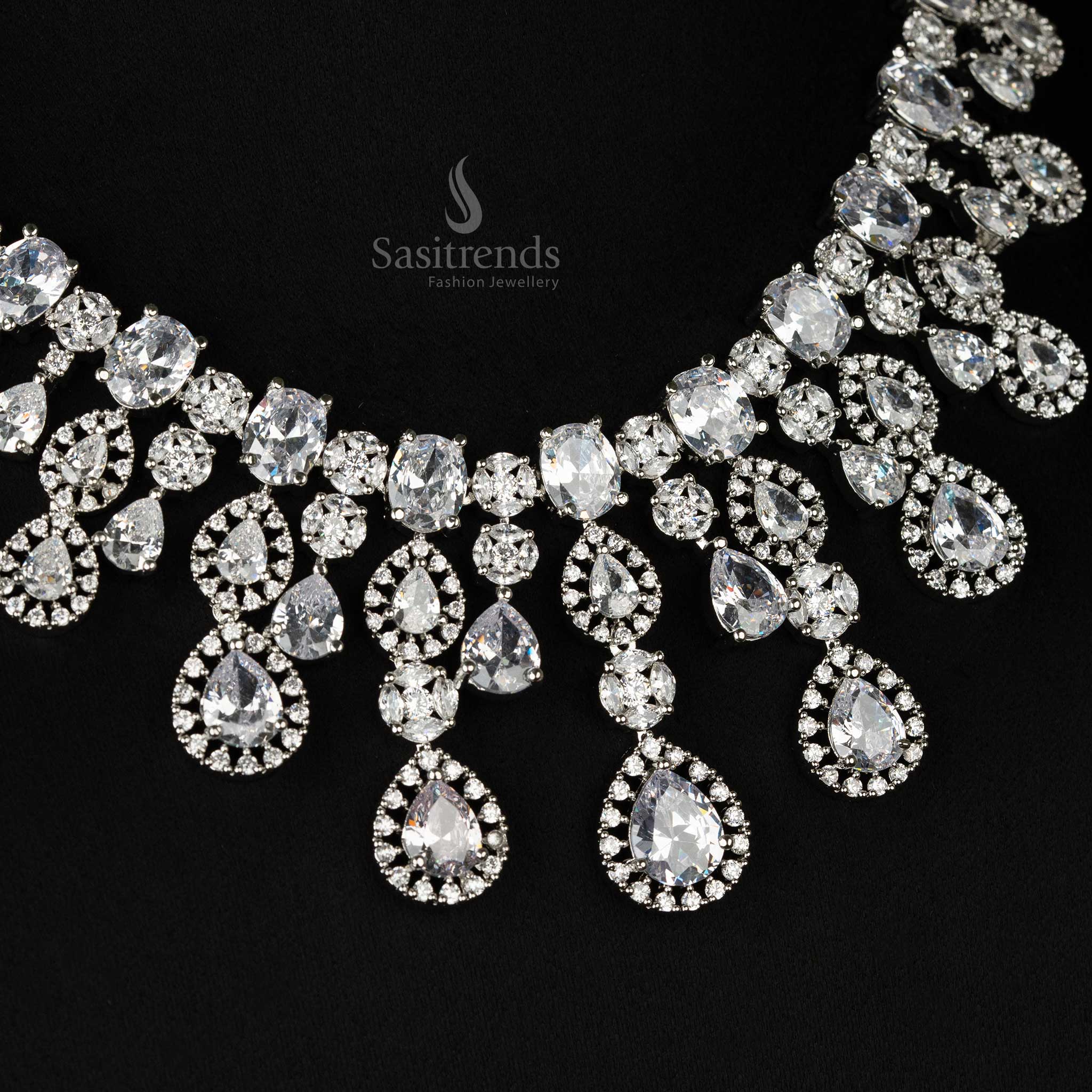 Gorgeous white choker necklace jewellery set in rhodium silver-plating, featuring dazzling American diamonds and coordinated earrings, perfect for bridal and wedding occasions - Sasitrends