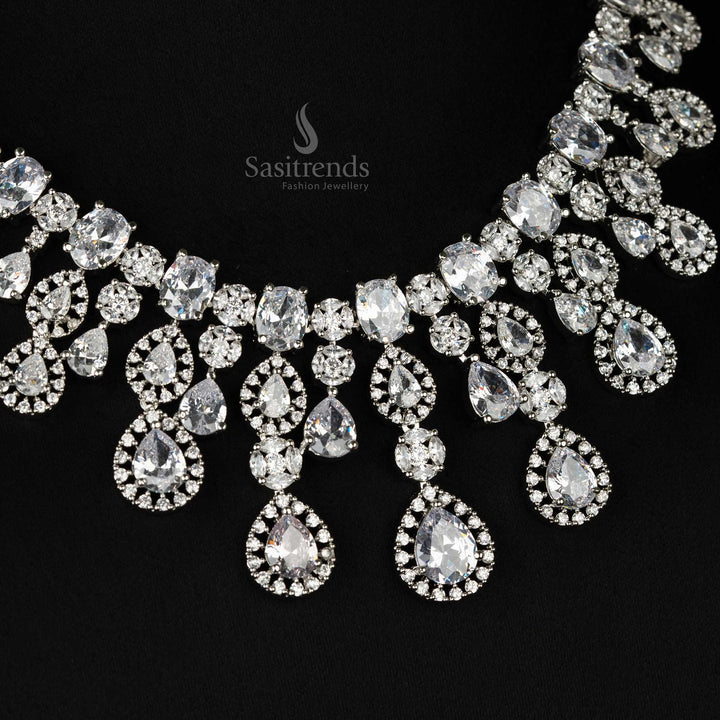 Gorgeous white choker necklace jewellery set in rhodium silver-plating, featuring dazzling American diamonds and coordinated earrings, perfect for bridal and wedding occasions - Sasitrends