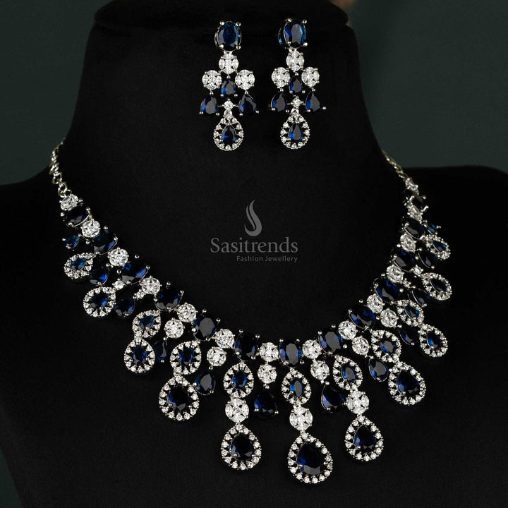 Mesmerizing blue choker necklace set in rhodium plating, featuring American diamonds and earrings, perfect for bridal and wedding wear - Sasitrends