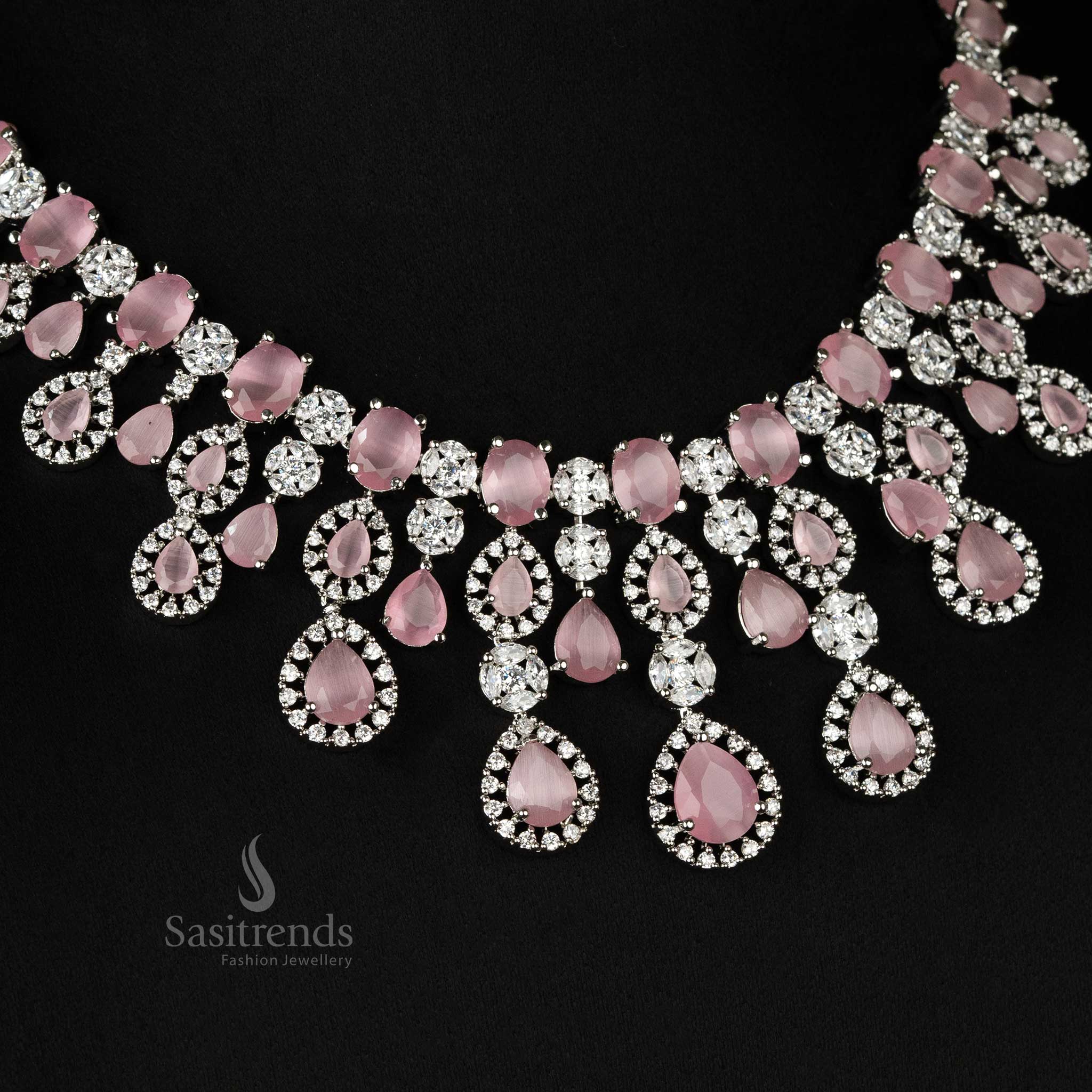 Stylish pink choker necklace set crafted in rhodium plating with American diamonds and earrings, designed for weddings and bridal occasions - Sasitrends