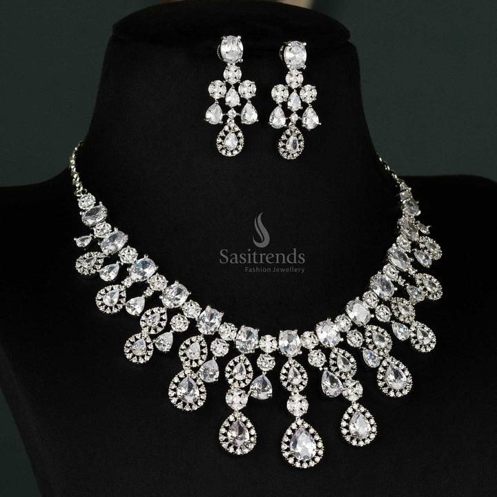 Glorious white choker necklace set crafted with rhodium silver-plating and sparkling American diamonds, paired with earrings for wedding dresses - Sasitrends