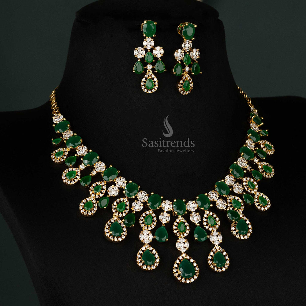 Elegant green gold plated choker necklace set, embellished with American diamonds and earrings, ideal for wedding dresses and bridal fashion - Sasitrends