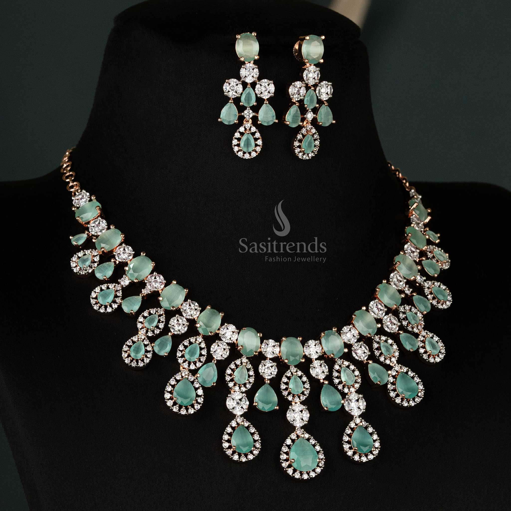  Gorgeous gold-plated choker necklace jewellery set in mint green, adorned with American diamonds and matching earrings for wedding fashion - Sasitrends