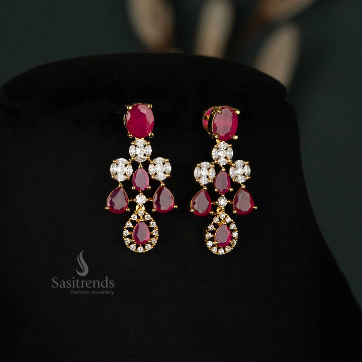 Elegant ruby-colored Gold-plated earrings embellished with dazzling American diamonds and designed for bridal and wedding attire - Sasitrends