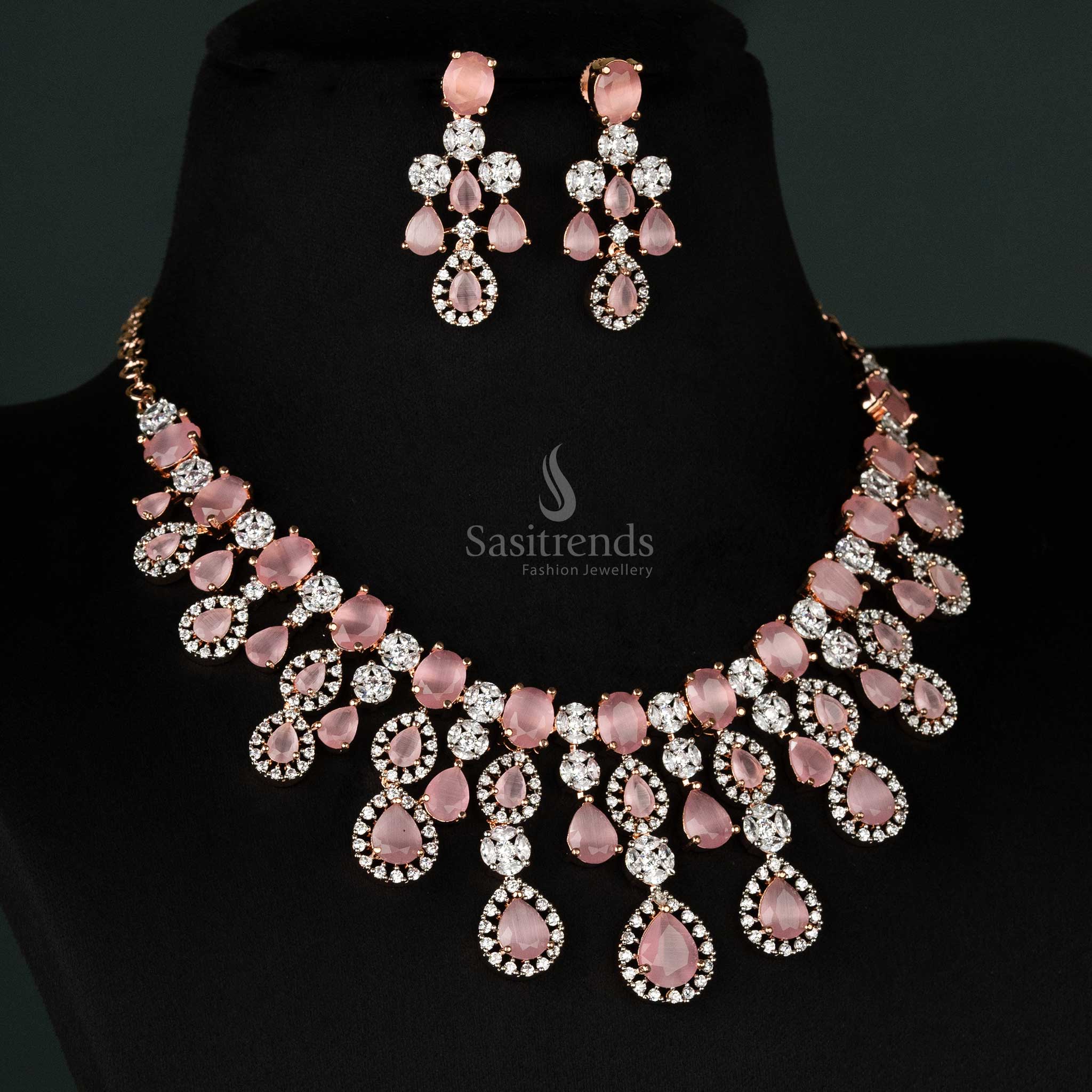 Beautiful pink choker necklace jewellery set in gold plating, featuring dazzling American diamonds and matching earrings, ideal for weddings and celebrations - Sasitrends