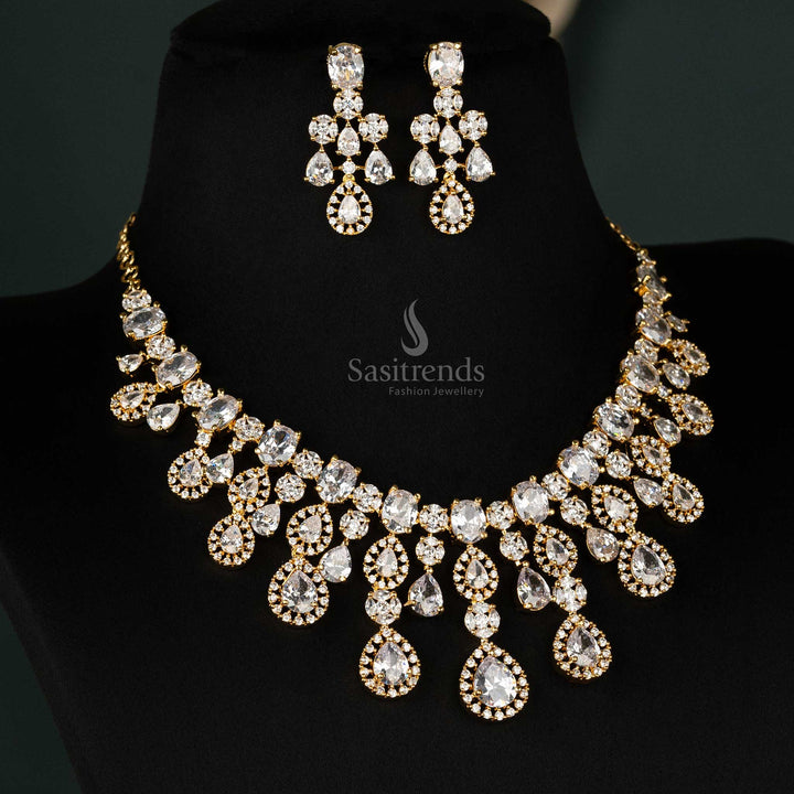 Classic white choker necklace jewellery set with gold plating and sparkling American diamonds, paired with earrings for bridal and wedding occasions - Sasitrends