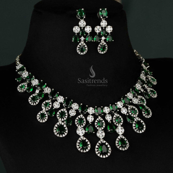 Elegant green rhodium silver-plated choker necklace set, embellished with American diamonds and earrings, ideal for wedding dresses and bridal fashion - Sasitrends