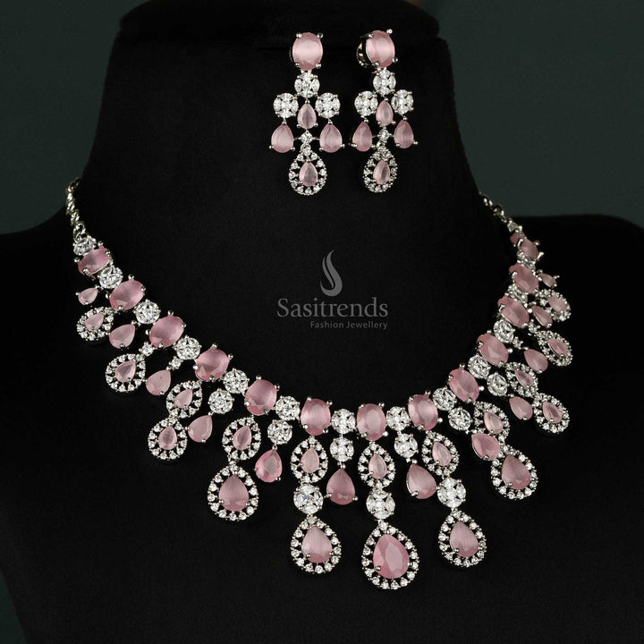 Gorgeous pink rhodium silver-plated choker necklace set, adorned with shimmering American diamonds and earrings, ideal for bridal wear and special events - Sasitrends