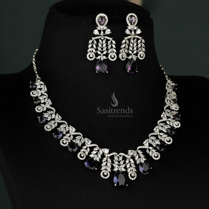 Majestic purple cascading leaf motif necklace in rhodium silver, featuring teardrop American diamonds and matching earrings - Sasitrends