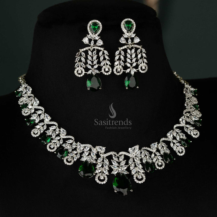 Vibrant green rhodium silver-plated leaf cascade teardrop American diamond necklace set with matching earrings for festive events - Sasitrends