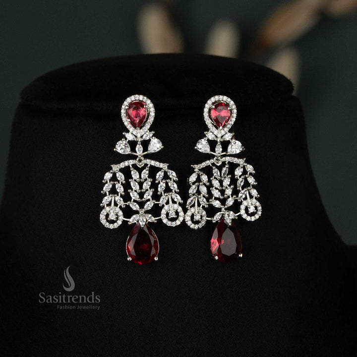 Stunning red rhodium silver-plated leaf cascade teardrop American diamond earrings for evening elegance - Sasitrends