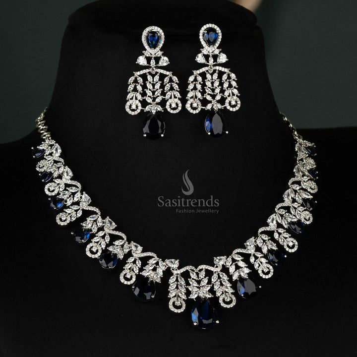 Mesmerizing blue rhodium silver-plated leaf cascade teardrop American diamond necklace set with exquisite earrings for a chic look - Sasitrends