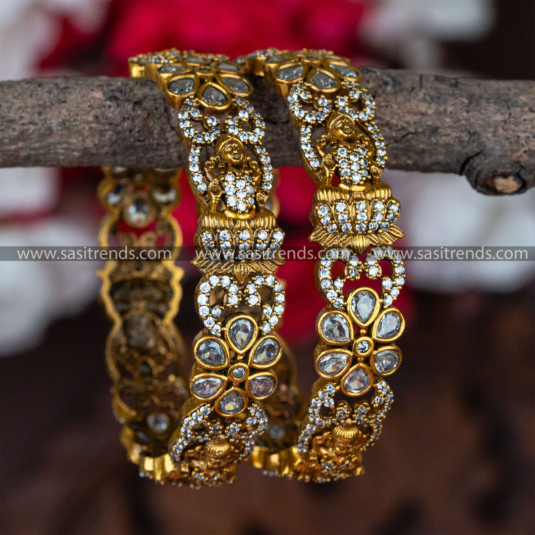 Traditional Matt Gold Plated White Lakshmi Pattern Bangles For Women