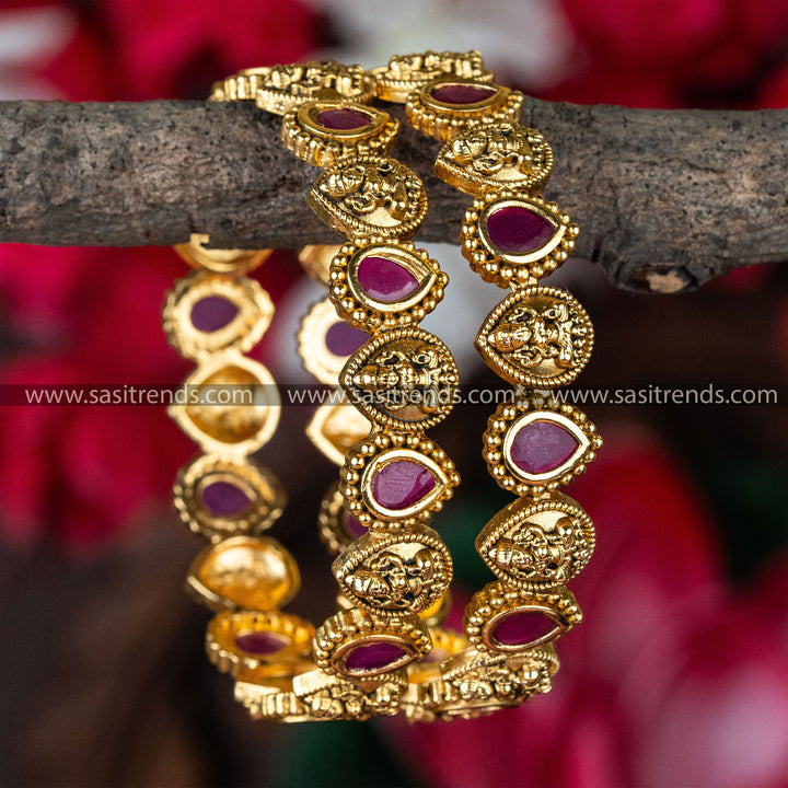 Divine Motifs Temple Matte Gold Plated AD Bangles - Goddess Lakshmi & Thilak Shaped Stones | Sasitrends