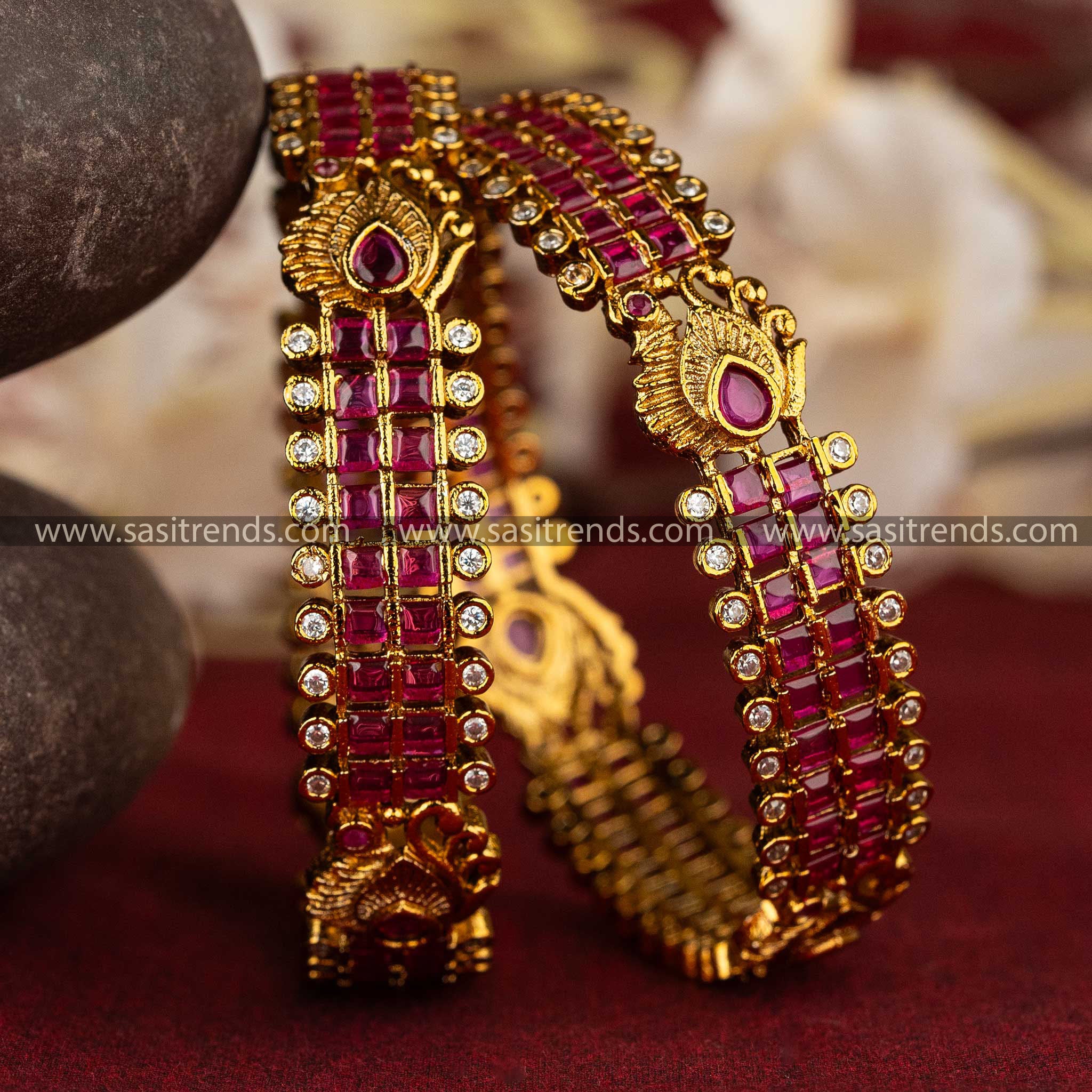 Latest Bridal AD Bangle Set - Multi-Coloured Peacock Motif with Temple Matte Gold Plating - Sasitrends