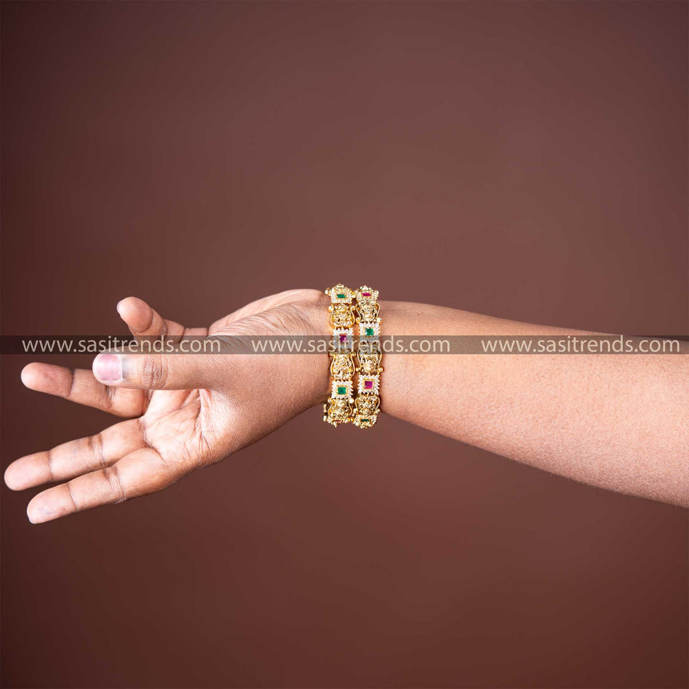 Temple Matt Gold Plated Laskhmi Designer AD Stone Bangles Sasitrends