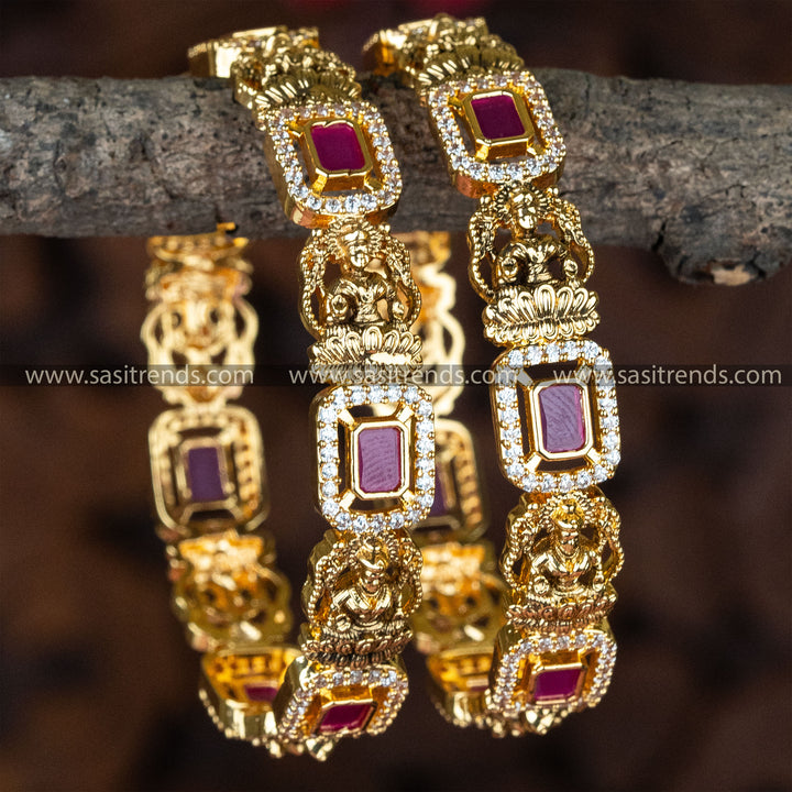 Exquisite Temple Matte Gold-Plated Lakshmi & Rectangular Motif Bangles | Latest Traditional Look | Sasitrends