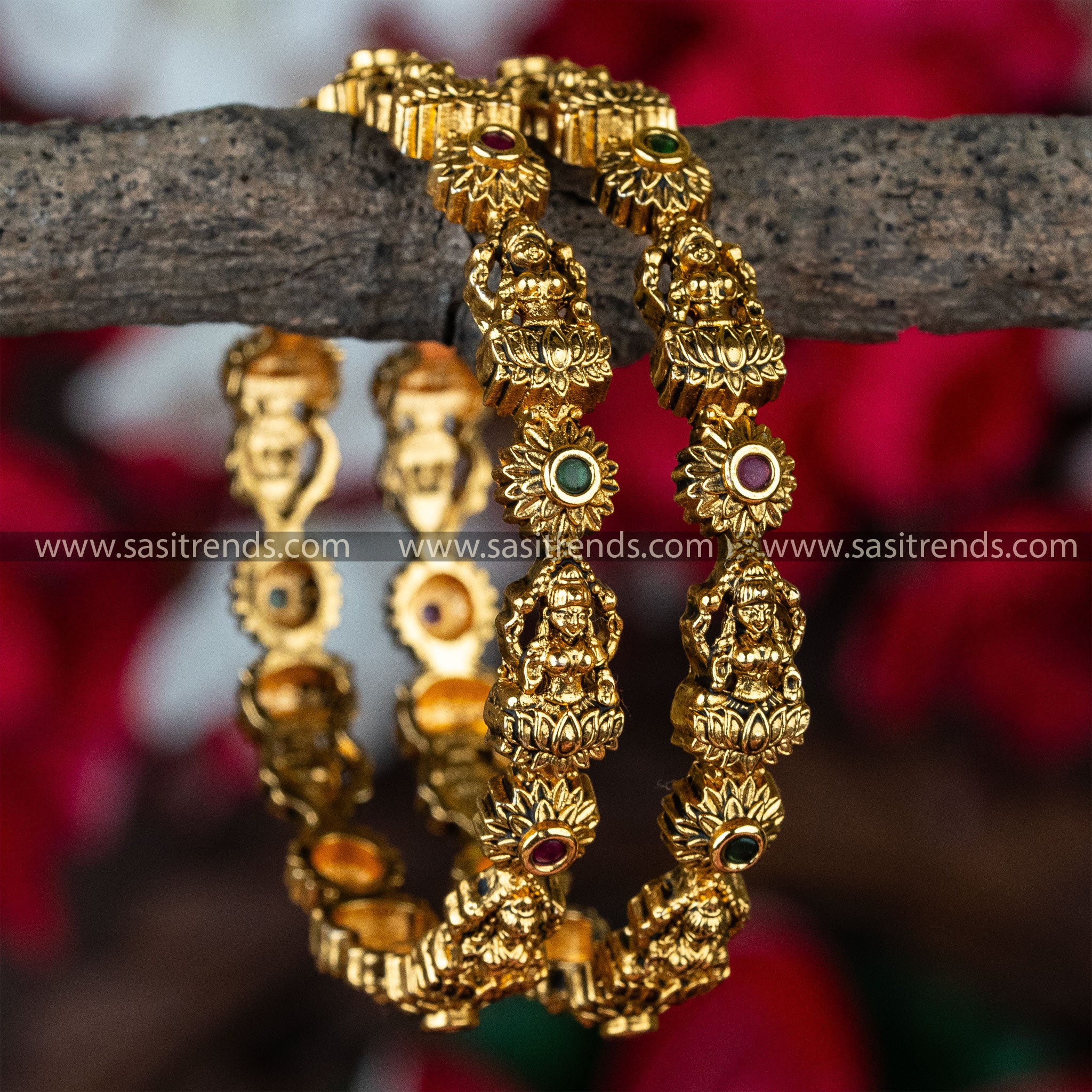 Goddess Lakshmi Temple Gold Plated Bangles with Red & Green Stones - Traditional Jewelry Online Shopping