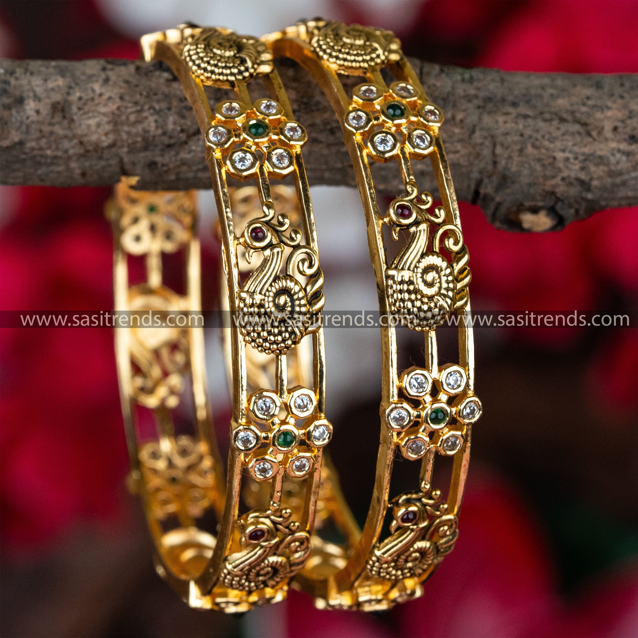 Temple Gold Plated Peacock Floral Bangles For Women And Girls