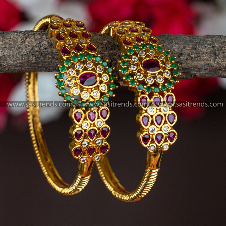 Latest Temple Wear Gold Plated Floral Pattern Bangles