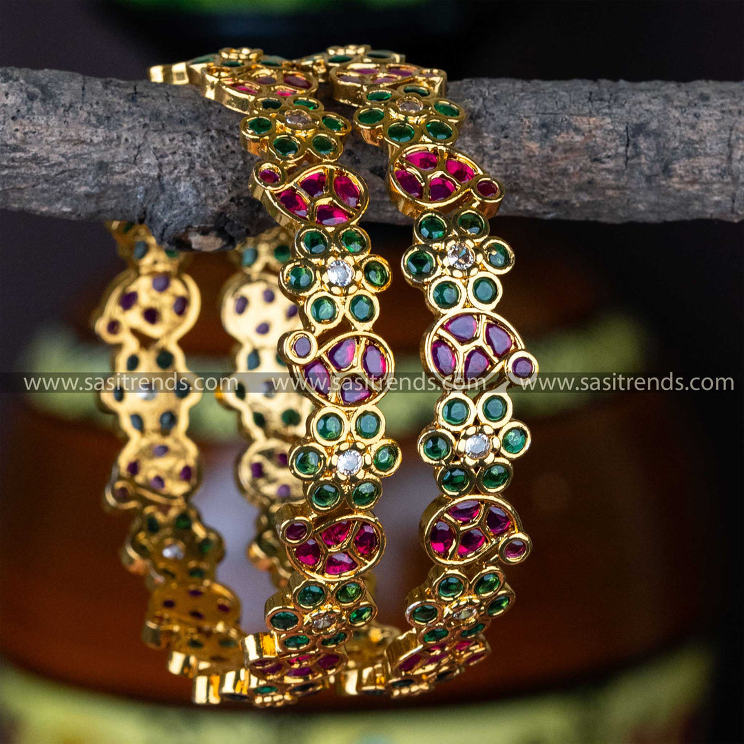 Temple Wear Matt Gold Plated Peacock And Flower Designer AD Stone Bangles