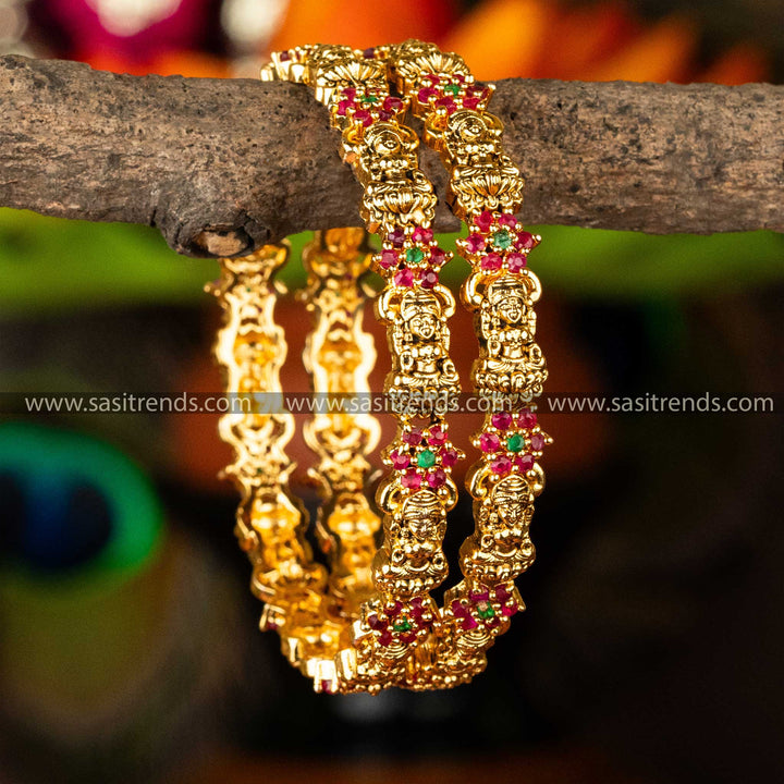 Temple Elegance: Matte Gold Plated Lakshimi and Flower Designer Bangles - Sasitrends