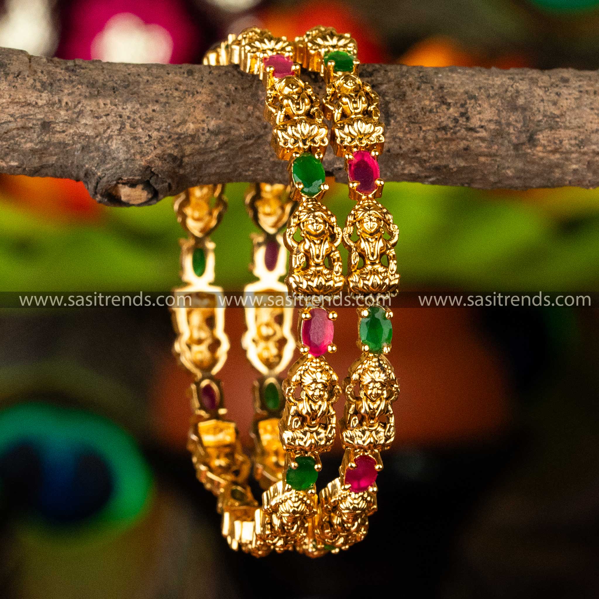 Traditional Temple Wear Matt Gold Plated Ruby Green Lakshmi Pattern Bangles Online Shopping