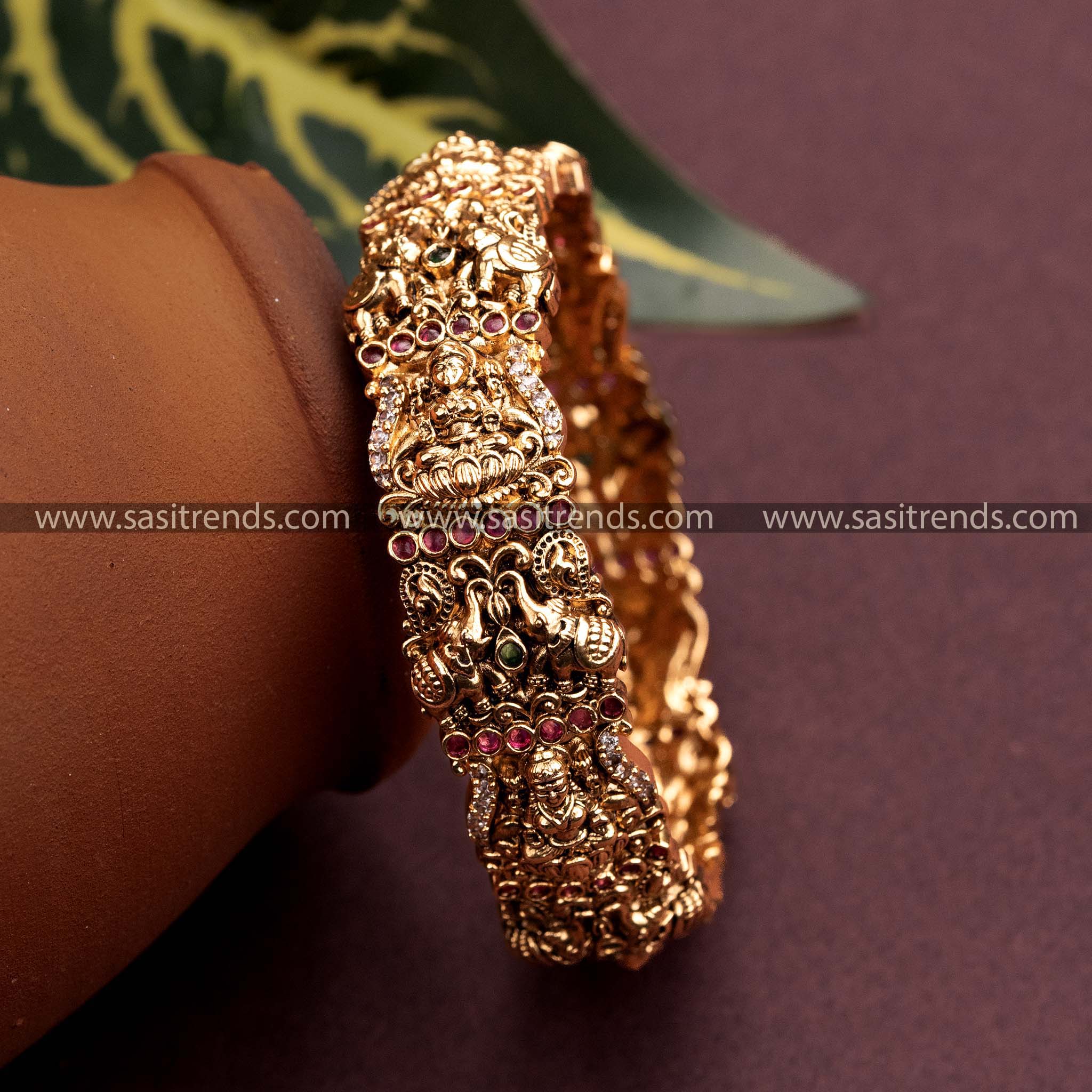 Multi AD Stone Lakshmi Elephant Matt Gold Finish Kada Bangles Sasitrends